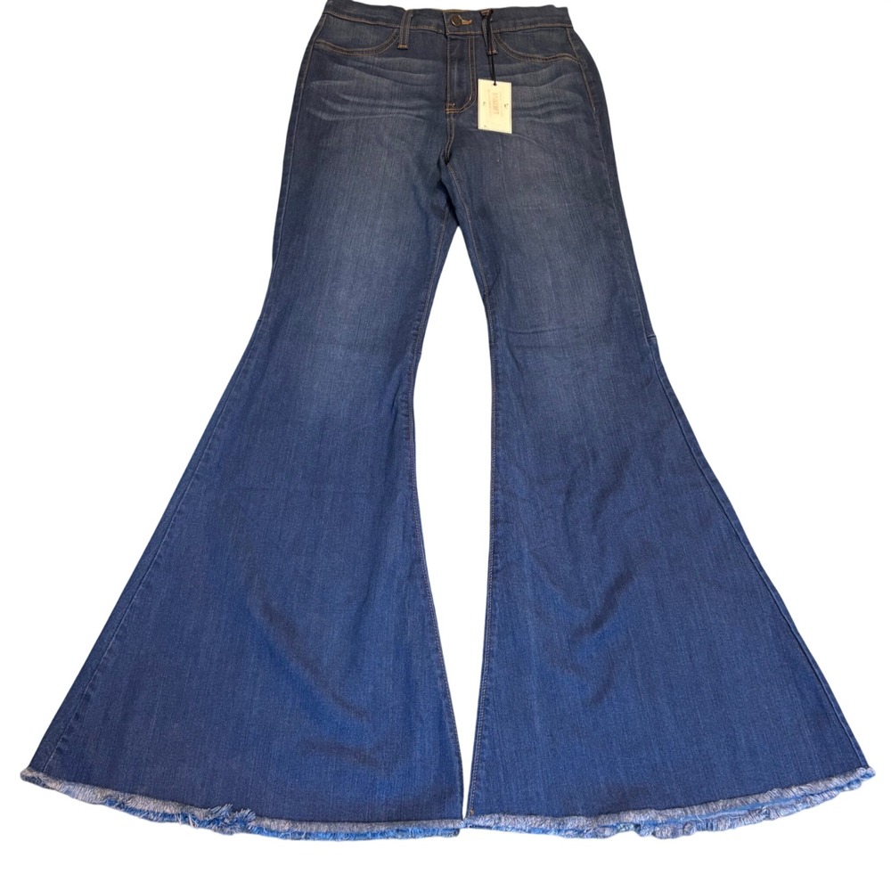 New Judy Blue Super Flare Jeans Womens 9/29 Medium Blue High Waist Raw Hem 8396